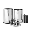 Highly polished stainless steel water filter system with dual chambers, spigot, and two Black Berkey elements, ideal for large groups and emergency supplies in appliances and water treatment collections.