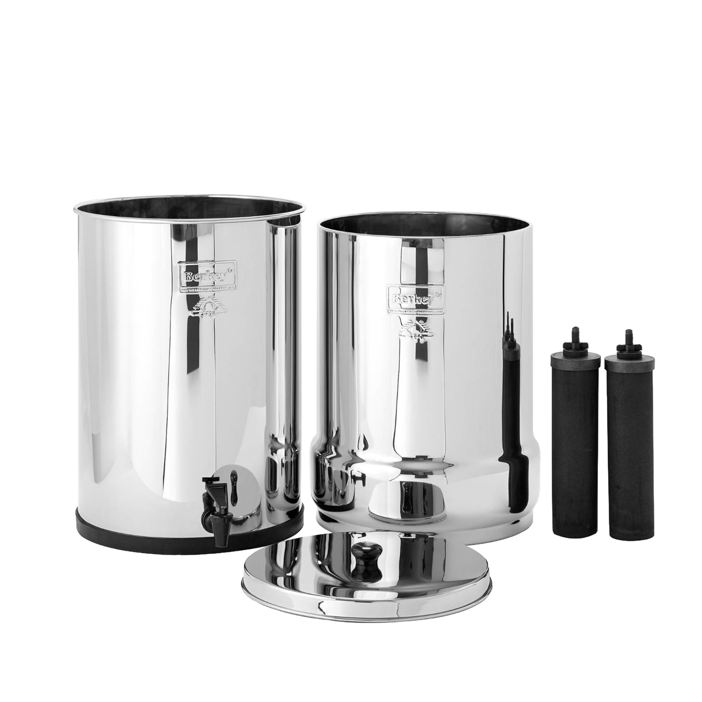 Highly polished stainless steel water filter system with dual chambers, spigot, and two Black Berkey elements, ideal for large groups and emergency supplies in appliances and water treatment collections.