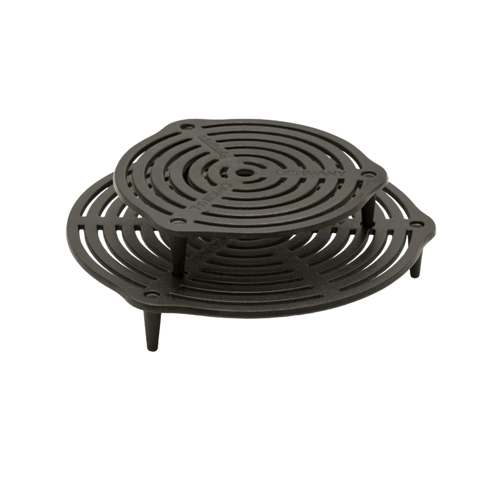 Two-tiered solid cast iron stack grate with raised legs for efficient multi-level heat regulation in Dutch ovens, suitable for Farm, Garden & Tool, Kitchen & Food, Camping, Cookware, Cast Iron, Best Sellers, and Promo Eligible collections.