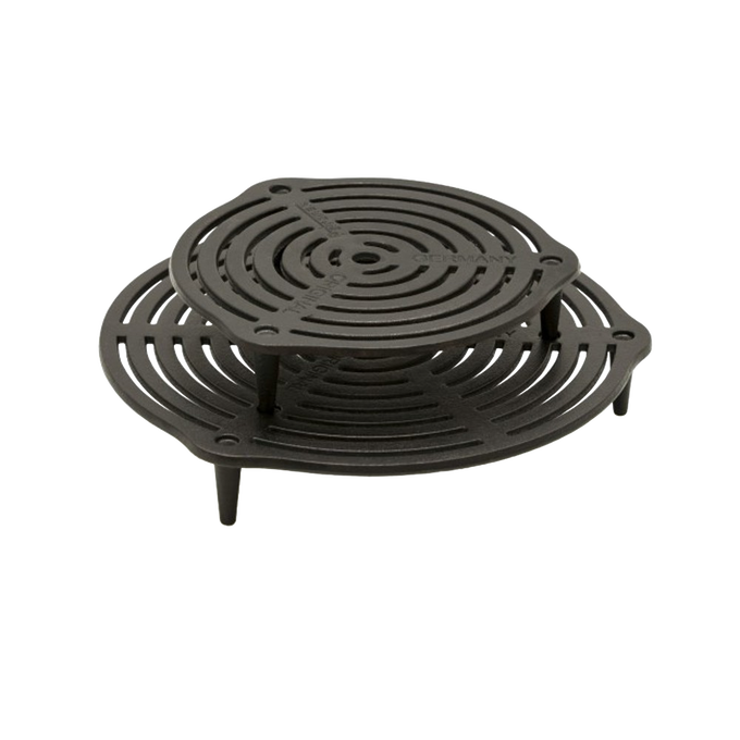 Two-tiered solid cast iron stack grate with raised legs for efficient multi-level heat regulation in Dutch ovens, suitable for Farm, Garden & Tool, Kitchen & Food, Camping, Cookware, Cast Iron, Best Sellers, and Promo Eligible collections.