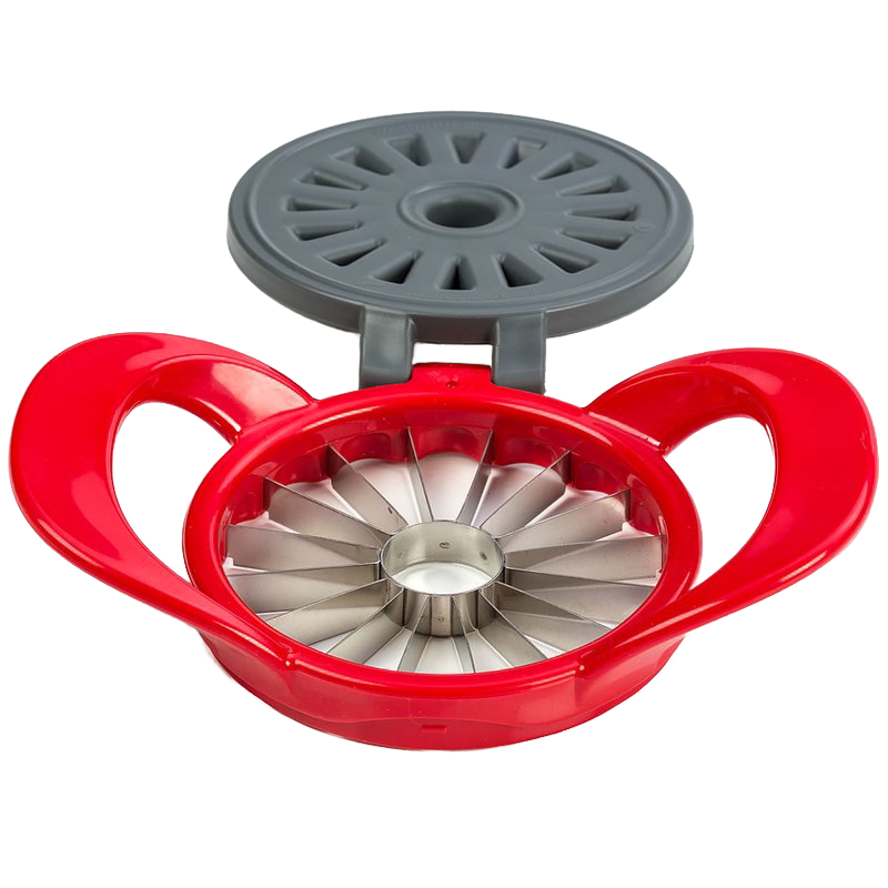 Red hard plastic thin apple slicer with stainless steel blades and gray cover, designed to produce sixteen uniform wedges and remove cores, featured in kitchen and garden tool collections.