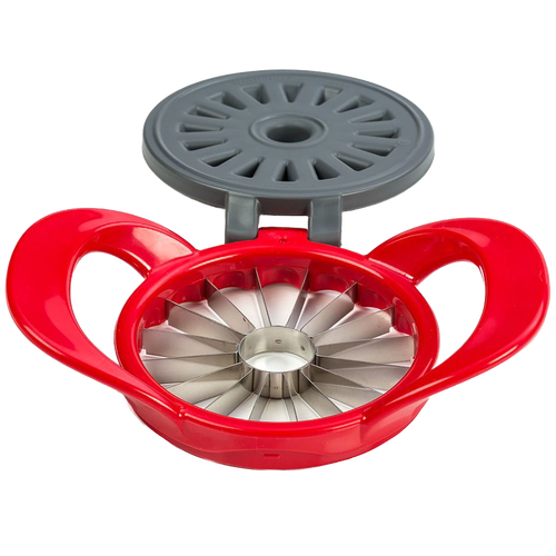 Red hard plastic thin apple slicer with stainless steel blades and gray cover, designed to produce sixteen uniform wedges and remove cores, featured in kitchen and garden tool collections.