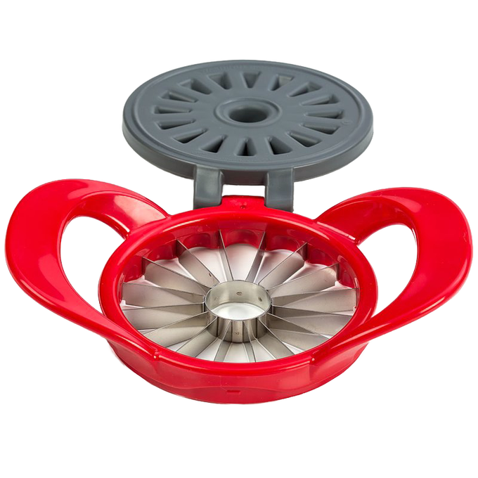 Red hard plastic thin apple slicer with stainless steel blades and gray cover, designed to produce sixteen uniform wedges and remove cores, featured in kitchen and garden tool collections.