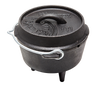 Compact cast iron Dutch oven with three legs, fitted lid featuring embossed design and a metal bail handle, suitable for versatile outdoor and indoor cooking in Kitchen & Food, Cookware, Cast Iron collections.