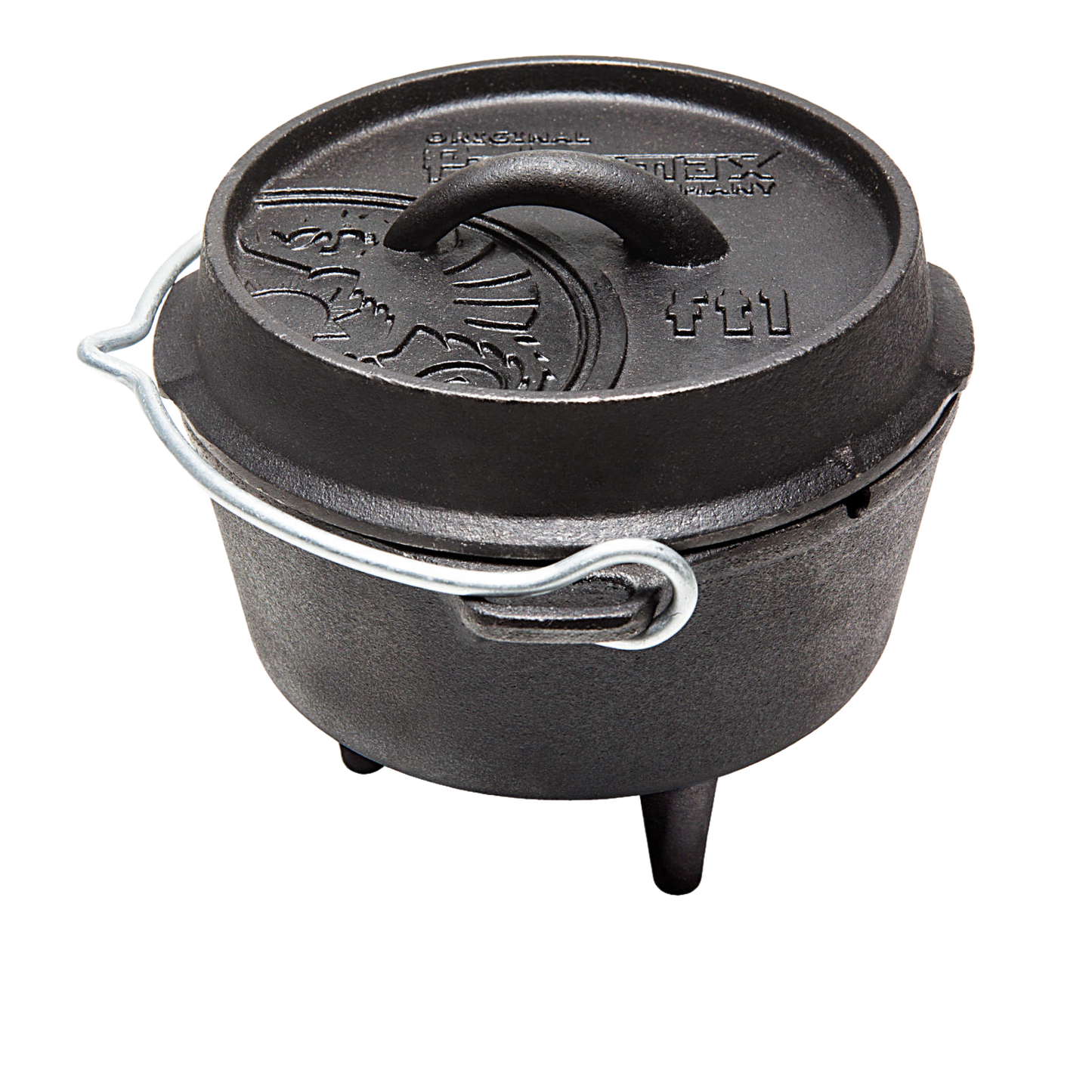 Compact cast iron Dutch oven with three legs, fitted lid featuring embossed design and a metal bail handle, suitable for versatile outdoor and indoor cooking in Kitchen & Food, Cookware, Cast Iron collections.