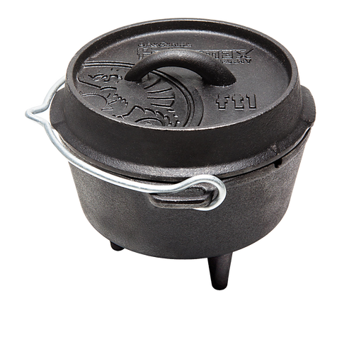 Compact cast iron Dutch oven with three legs, fitted lid featuring embossed design and a metal bail handle, suitable for versatile outdoor and indoor cooking in Kitchen & Food, Cookware, Cast Iron collections.