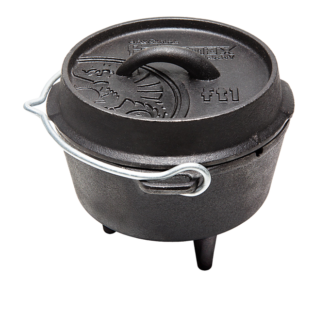Compact cast iron Dutch oven with three legs, fitted lid featuring embossed design and a metal bail handle, suitable for versatile outdoor and indoor cooking in Kitchen & Food, Cookware, Cast Iron collections.