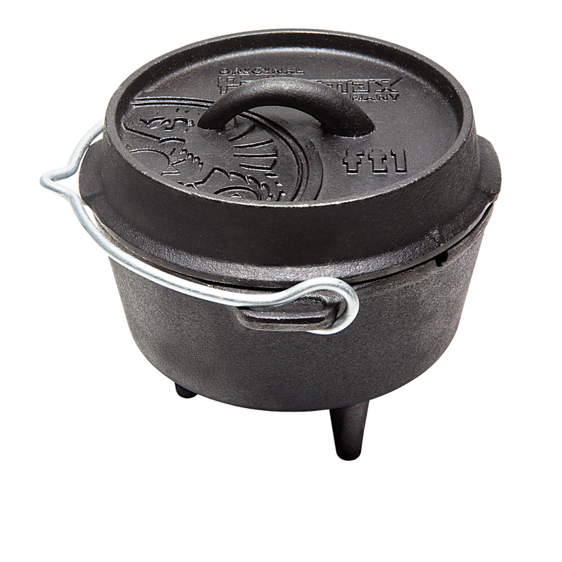 Compact cast iron Dutch oven with three legs, fitted lid featuring embossed design and a metal bail handle, suitable for versatile outdoor and indoor cooking in Kitchen & Food, Cookware, Cast Iron collections.