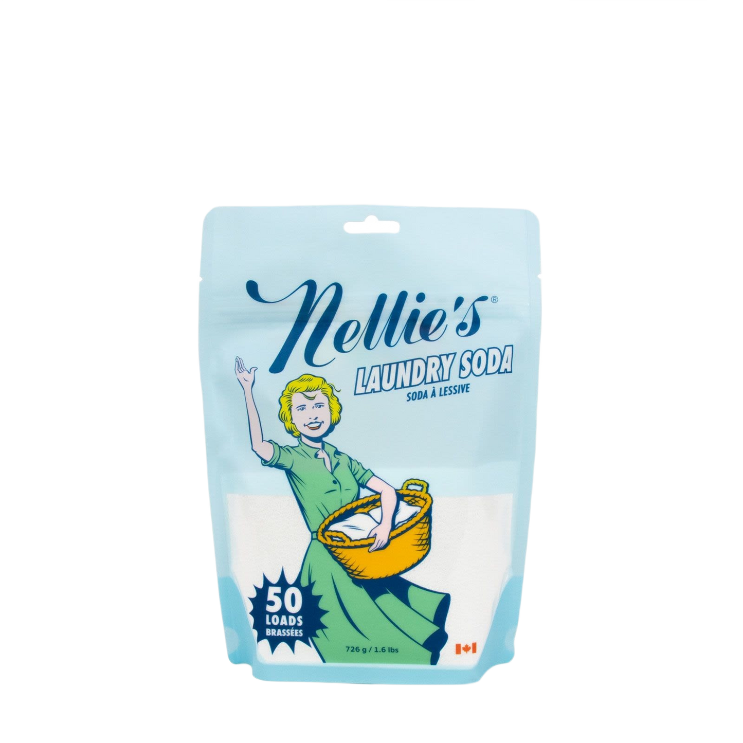 Resealable pouch of gentle, unscented laundry soda for 50 loads, designed to deep-clean fabrics naturally without harsh chemicals, featured in Laundry Supplies and Best Sellers.