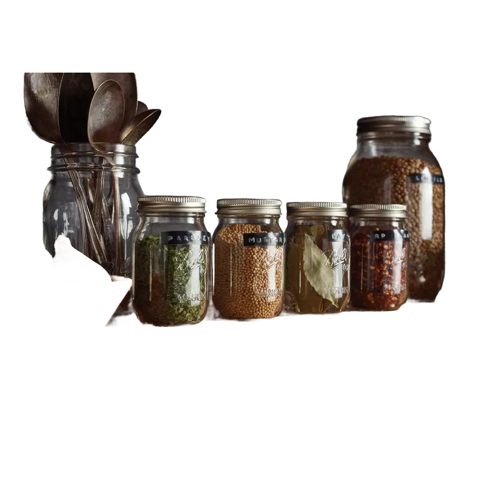 Collection of glass storage jars filled with dried herbs and spices, labeled and sealed with metal lids, displayed with vintage metal kitchen utensils, ideal for Home & Decor and Kitchen & Food collections.