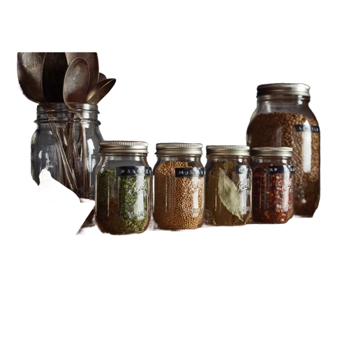 Collection of glass storage jars filled with dried herbs and spices, labeled and sealed with metal lids, displayed with vintage metal kitchen utensils, ideal for Home & Decor and Kitchen & Food collections.
