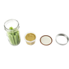 Clear wide-mouth jar filled with celery stalks alongside a plastic divider cup with beige dip, plus two separate metal jar lids, showcasing a handcrafted lunch container accessory made in USA for Kitchen & Food and Storage collections.