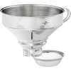 Wide stainless steel funnel with a detachable fine mesh strainer, ideal for canning, food preservation, and kitchen tasks in Cooking and Baking Helpers collections.