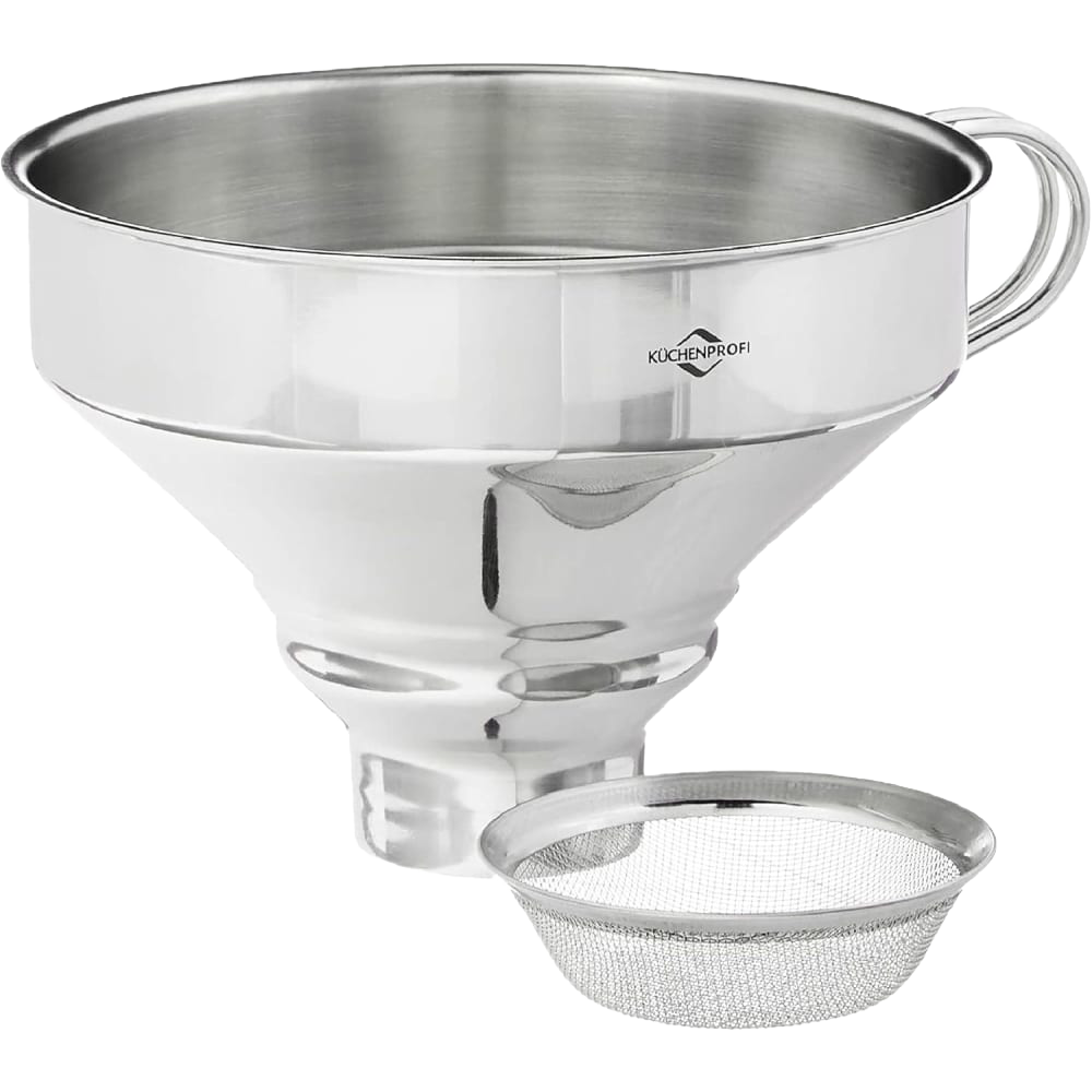 Wide stainless steel funnel with a detachable fine mesh strainer, ideal for canning, food preservation, and kitchen tasks in Cooking and Baking Helpers collections.