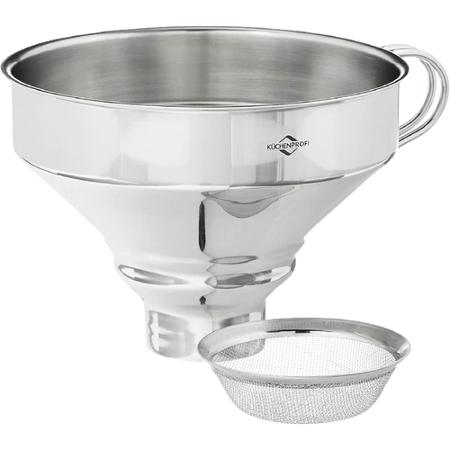 Wide stainless steel funnel with a detachable fine mesh strainer, ideal for canning, food preservation, and kitchen tasks in Cooking and Baking Helpers collections.