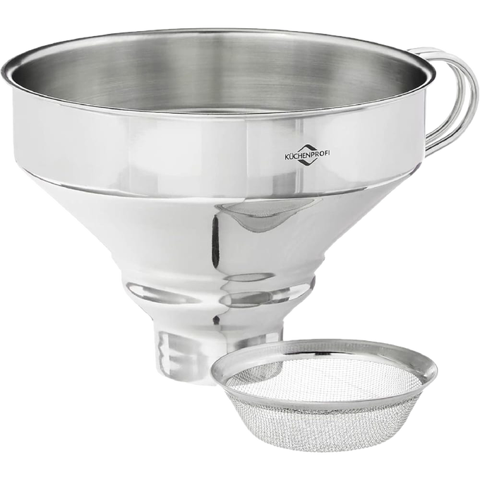 Wide stainless steel funnel with a detachable fine mesh strainer, ideal for canning, food preservation, and kitchen tasks in Cooking and Baking Helpers collections.
