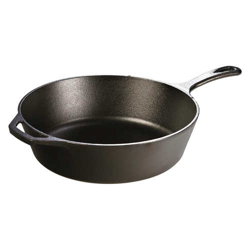 Deep cast iron skillet with assist handle and long grip, designed for versatile use in cooking, grilling, baking, and camping, from Farm, Garden & Tool and Cookware collections.