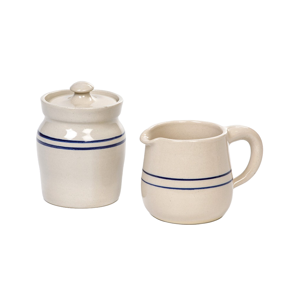 Handcrafted blue stripe stoneware sugar bowl with lid and creamer pitcher, made in USA, perfect for Kitchen & Food, Storage and Serving, Best Sellers, and Promo Eligible collections.