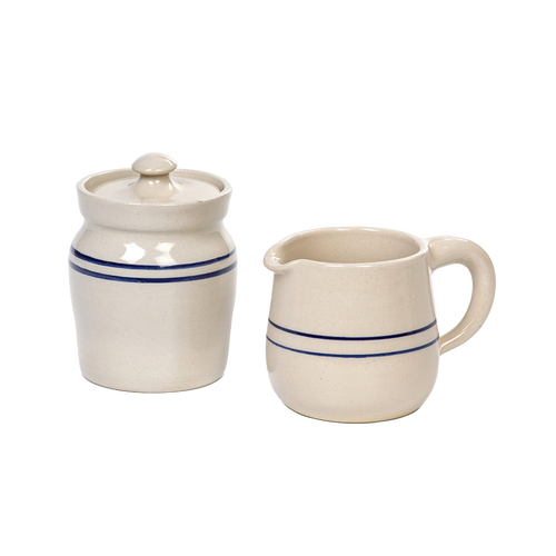 Handcrafted blue stripe stoneware sugar bowl with lid and creamer pitcher, made in USA, perfect for Kitchen & Food, Storage and Serving, Best Sellers, and Promo Eligible collections.