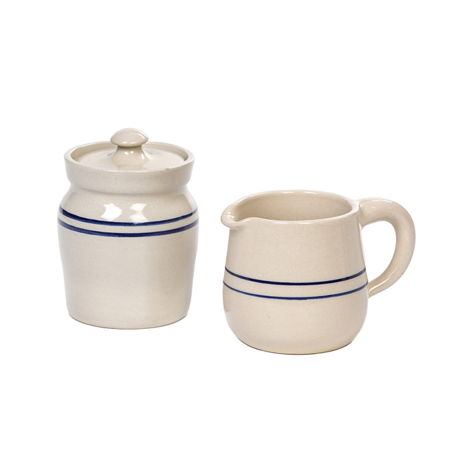Handcrafted blue stripe stoneware sugar bowl with lid and creamer pitcher, made in USA, perfect for Kitchen & Food, Storage and Serving, Best Sellers, and Promo Eligible collections.