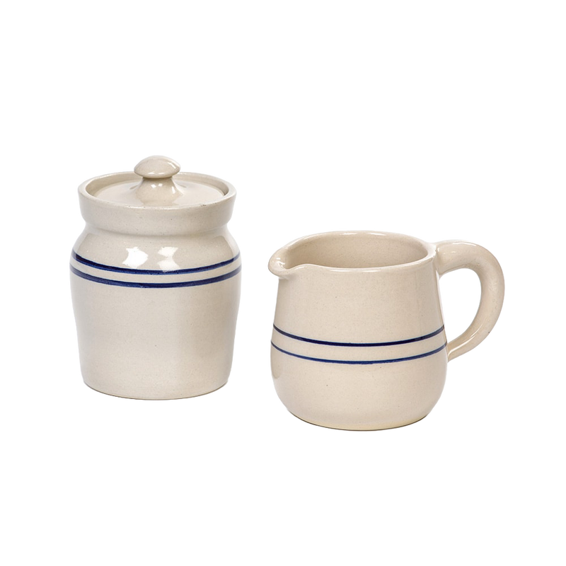 Handcrafted blue stripe stoneware sugar bowl with lid and creamer pitcher, made in USA, perfect for Kitchen & Food, Storage and Serving, Best Sellers, and Promo Eligible collections.