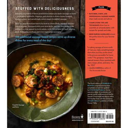 Back cover of the Home Sausage Making Book featuring a bowl of crawfish sausage and grits, including detailed recipe highlights and expert endorsements, ideal for cookbooks in Toys, Books & Games, Cookbooks, Home and Garden How-To Books, Best Sellers, and Promo Eligible collections.