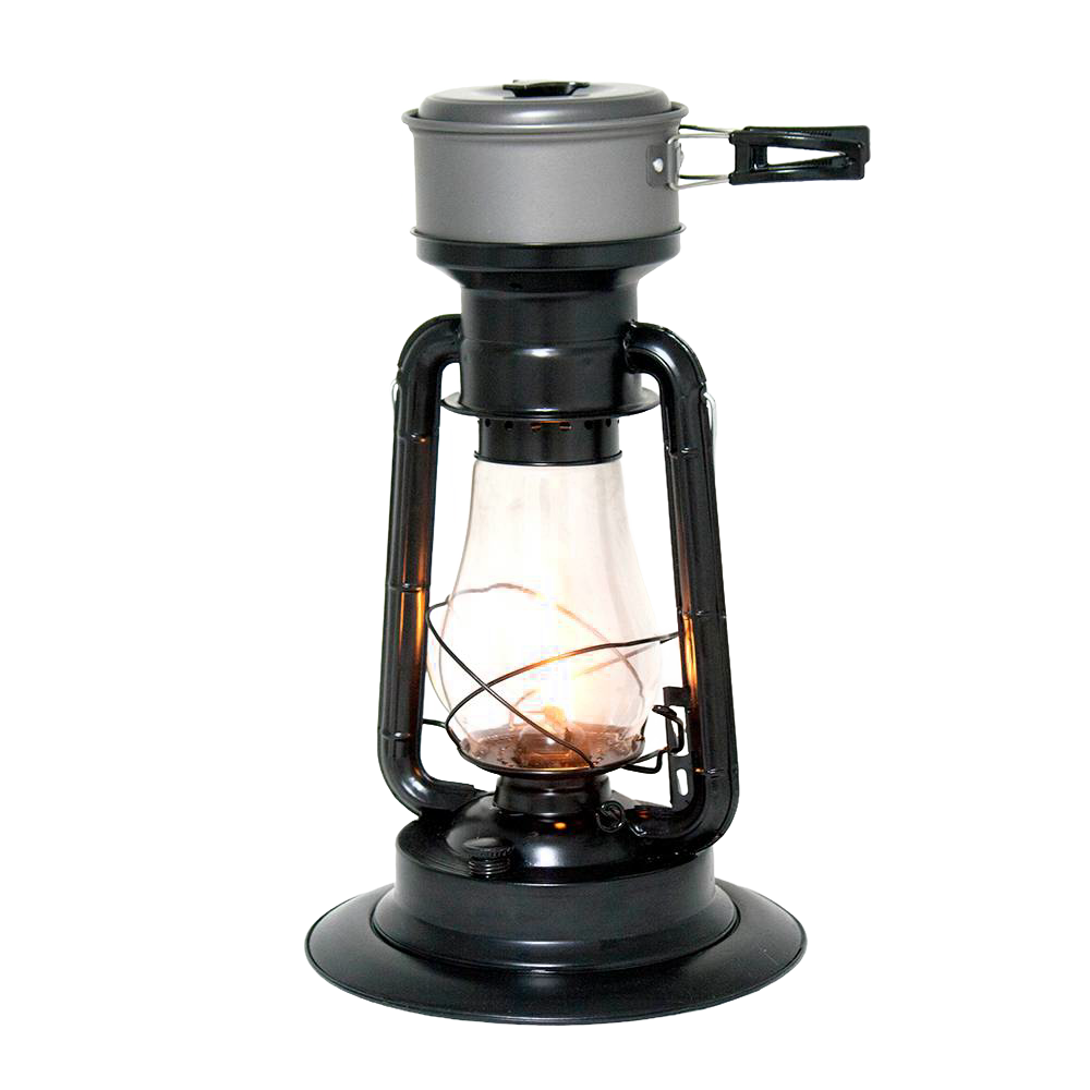 Handcrafted black powder-coated steel lantern with heat-resistant glass chimney and adjustable flame, featuring an attached cookware pot for camping, emergencies, and outdoor use in Farm, Garden & Tool, Lamps & Lighting, and Camping collections.