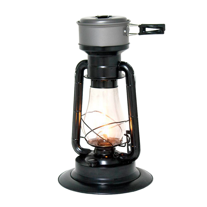 Handcrafted black powder-coated steel lantern with heat-resistant glass chimney and adjustable flame, featuring an attached cookware pot for camping, emergencies, and outdoor use in Farm, Garden & Tool, Lamps & Lighting, and Camping collections.