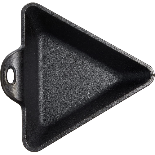 Handcrafted cast iron triangle server with a seasoned finish for natural easy-release, designed for hot or cold presentations, made in USA, featured in Kitchen & Food and Cookware collections.