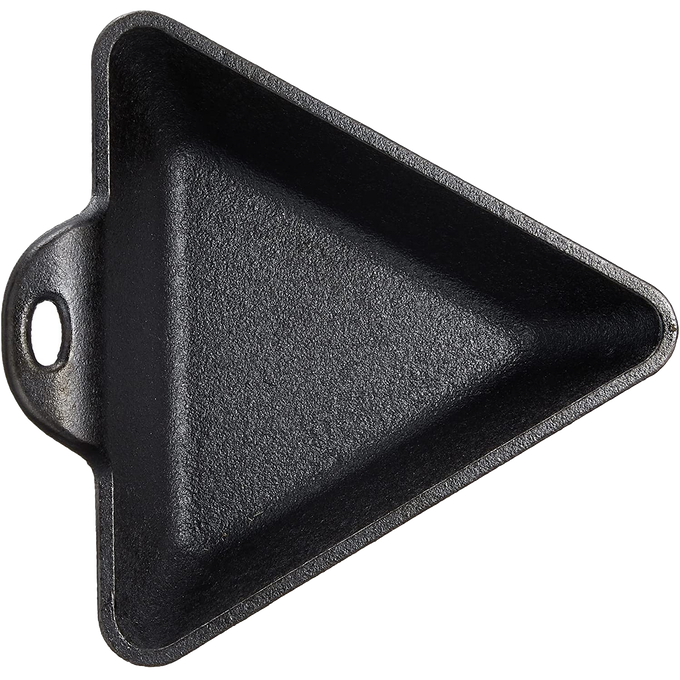 Handcrafted cast iron triangle server with a seasoned finish for natural easy-release, designed for hot or cold presentations, made in USA, featured in Kitchen & Food and Cookware collections.