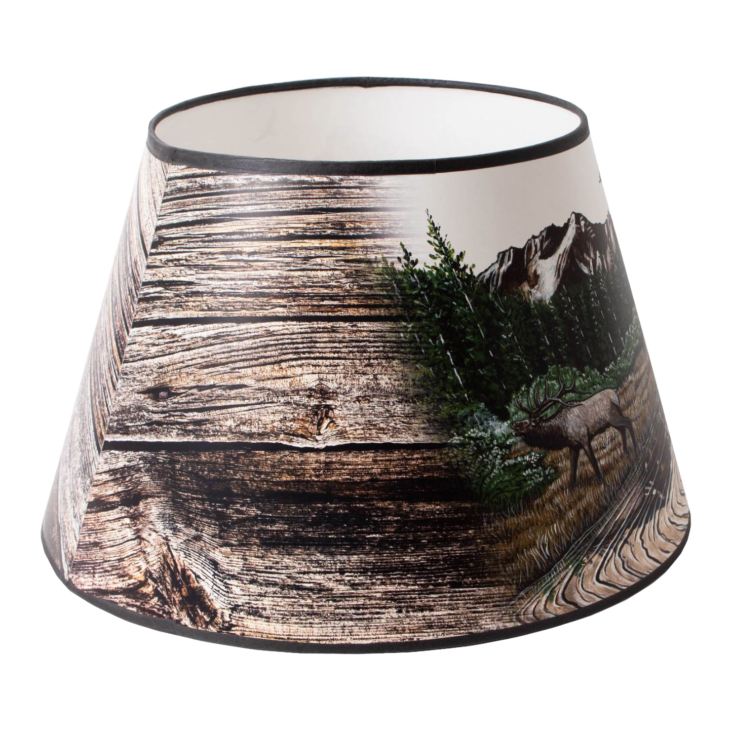 Parchment oil lamp shade featuring a rustic wood grain texture with a scenic Rocky Mountain landscape and elk, handcrafted for Lamps & Lighting, Parts and Accessories, and Lamp Shades collections.