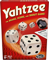 Bright red box of a classic dice game with white dice mid-roll, a black dice cup held by a hand, and game score sheets, perfect for family fun in toys and board games collections.