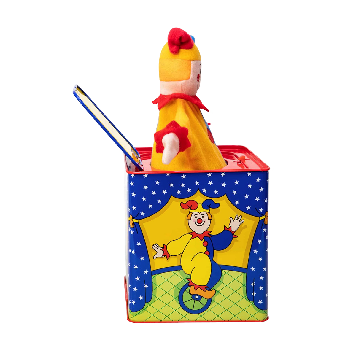 Brightly painted hand-cranked tin musical box featuring a colorful clown popping out, handcrafted for Toys, Books & Games, Children's Toys, Indoor Play, and Best Sellers collections.