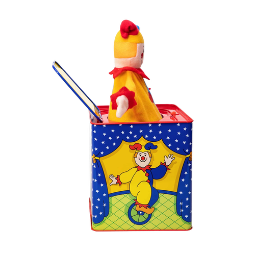 Brightly painted hand-cranked tin musical box featuring a colorful clown popping out, handcrafted for Toys, Books & Games, Children's Toys, Indoor Play, and Best Sellers collections.