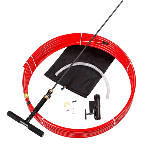 Handcrafted 50 ft red emergency hand pump kit with black handle and accessories, designed for deep well water access, featured in Farm, Garden & Tool, Appliances, Emergency Supplies, USA Made, and Water Pumps collections.