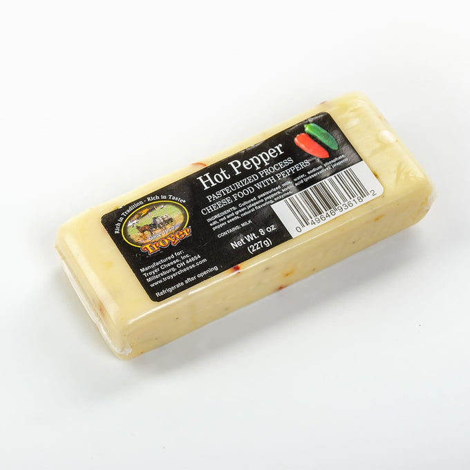 Handcrafted shelf-stable hot pepper cheese food block in an 8-ounce pack, made in USA, ideal for Kitchen & Food, Snacks and Sweets, Pantry, USA Made, Best Sellers, and Promo Eligible collections.