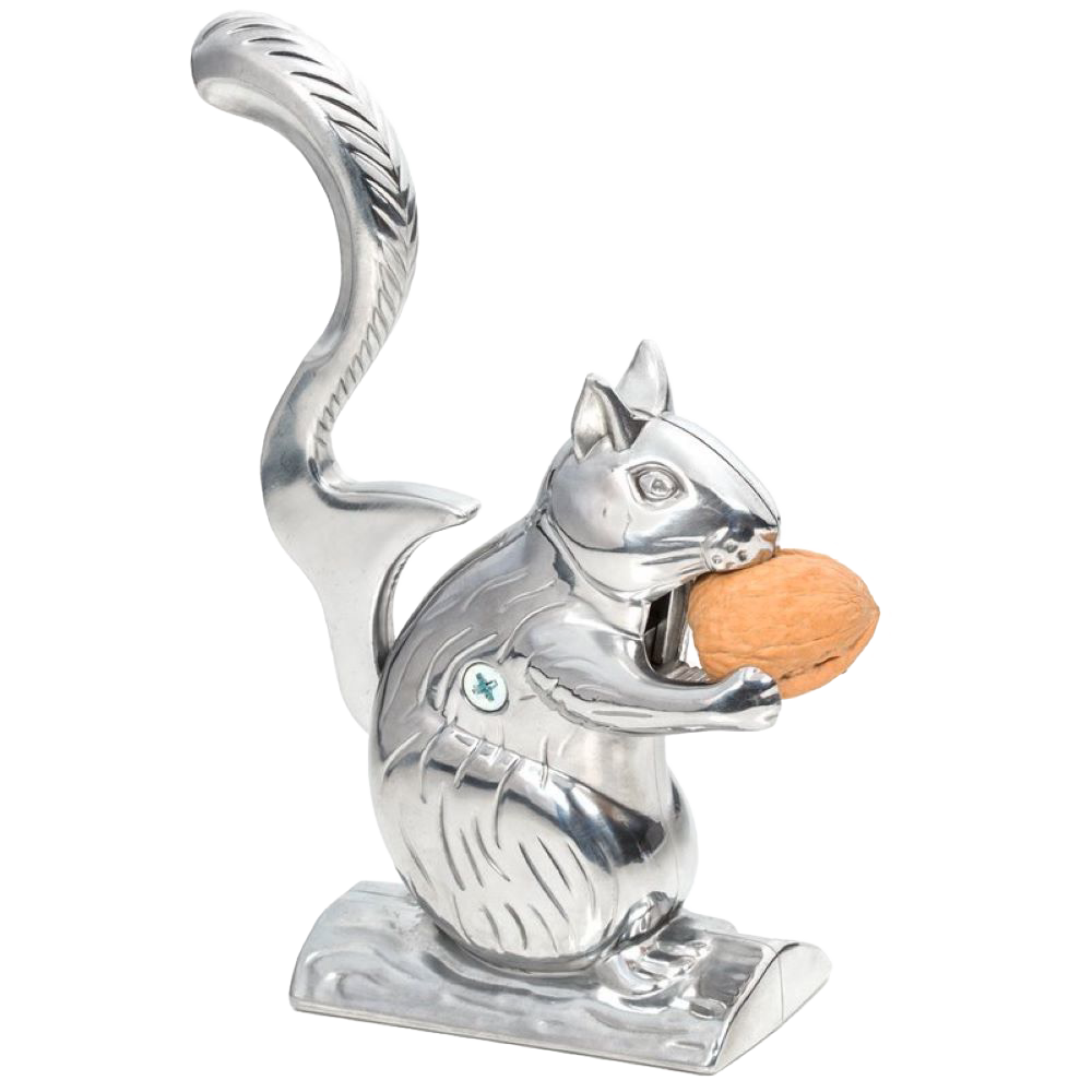Handcrafted cast aluminum squirrel-shaped nutcracker holding a whole nut with upturned tail lever, ideal for Kitchen & Food, Food Prep, Choppers and Cutters, Best Sellers, and Promo Eligible collections.