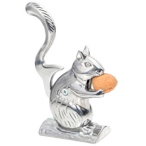 Handcrafted cast aluminum squirrel-shaped nutcracker holding a whole nut with upturned tail lever, ideal for Kitchen & Food, Food Prep, Choppers and Cutters, Best Sellers, and Promo Eligible collections.
