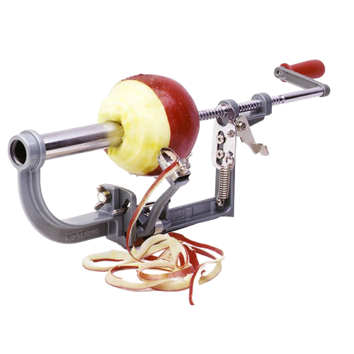 Durable clamp-on apple peeler with stainless steel blade peeling a red apple, ideal for Farm, Garden & Tool, Kitchen & Food, Apple Harvest Supplies, and Specialty Equipment collections.