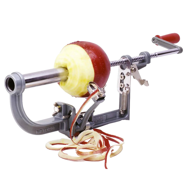 Durable clamp-on apple peeler with stainless steel blade peeling a red apple, ideal for Farm, Garden & Tool, Kitchen & Food, Apple Harvest Supplies, and Specialty Equipment collections.