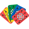 Set of five colorful handcrafted playing cards in red, blue, green, yellow, and red hues featuring traditional Amish-inspired illustrations, part of USA made games collections.