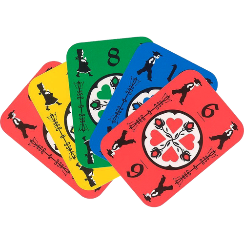 Set of five colorful handcrafted playing cards in red, blue, green, yellow, and red hues featuring traditional Amish-inspired illustrations, part of USA made games collections.