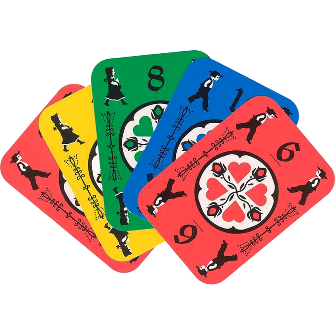 Set of five colorful handcrafted playing cards in red, blue, green, yellow, and red hues featuring traditional Amish-inspired illustrations, part of USA made games collections.