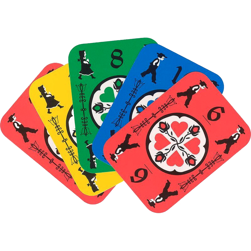 Set of five colorful handcrafted playing cards in red, blue, green, yellow, and red hues featuring traditional Amish-inspired illustrations, part of USA made games collections.
