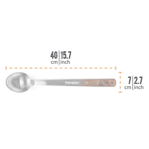 Handcrafted long stainless steel serving spoon with a walnut handle, measuring 40 cm, designed for durable outdoor use in Farm, Garden & Tool, Kitchen & Food, Camping, Storage and Serving, Best Sellers, and Promo Eligible collections.
