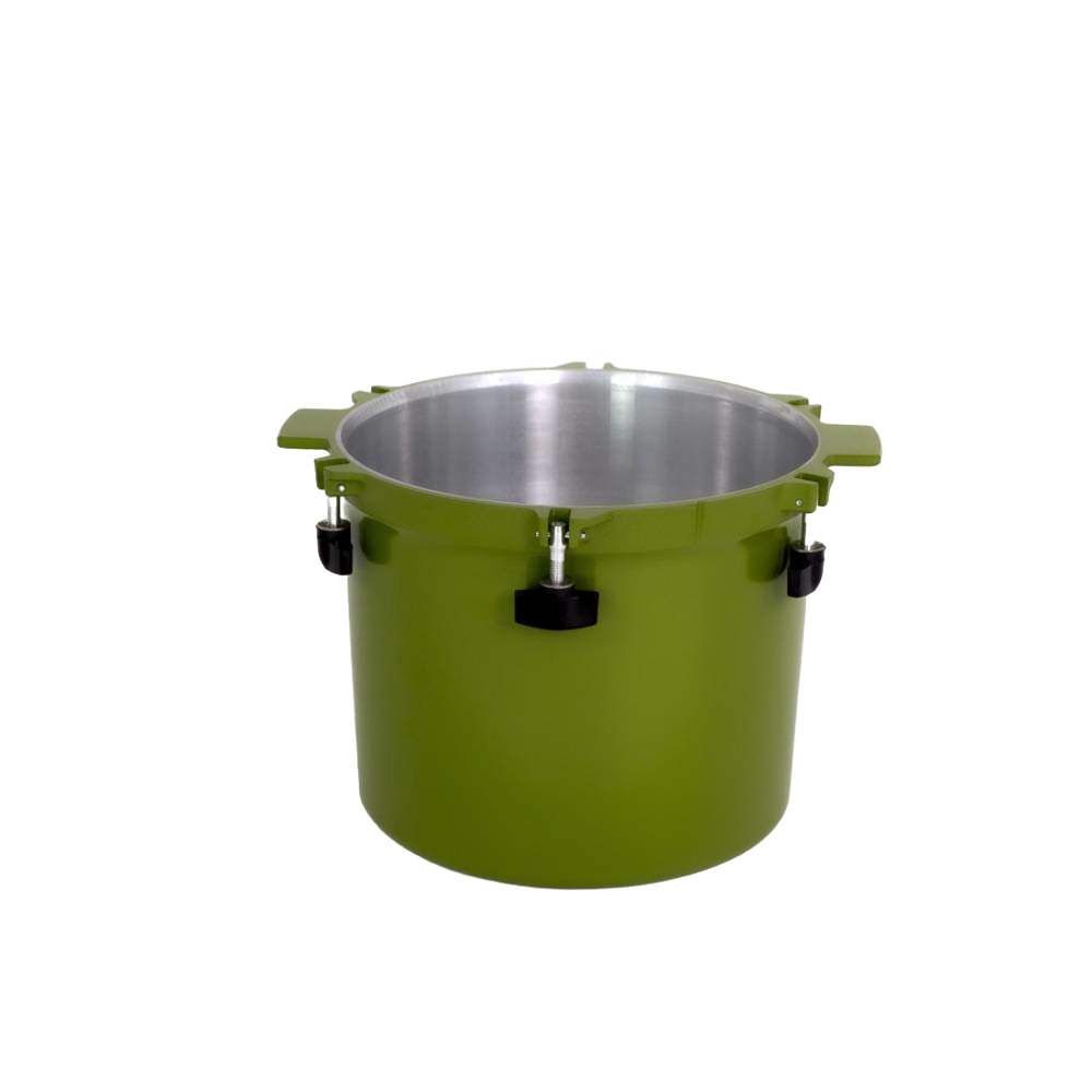 Vibrant green heavy-duty pressure canner pot with sturdy side handles and secure locking clamps, handcrafted in USA for Kitchen & Food, Food Preservation, Canning, and Best Sellers collections.