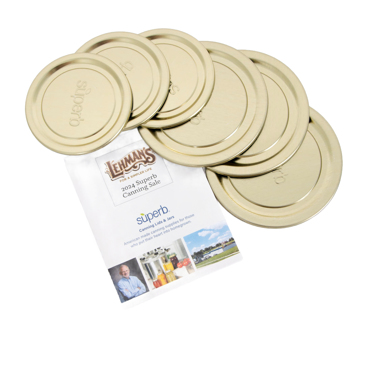Set of beige mason jar lids arranged over a Lehman's promotional flyer featuring canning and preserving products, suitable for Kitchen & Food, Kitchen Accessories, and Storage and Serving collections.