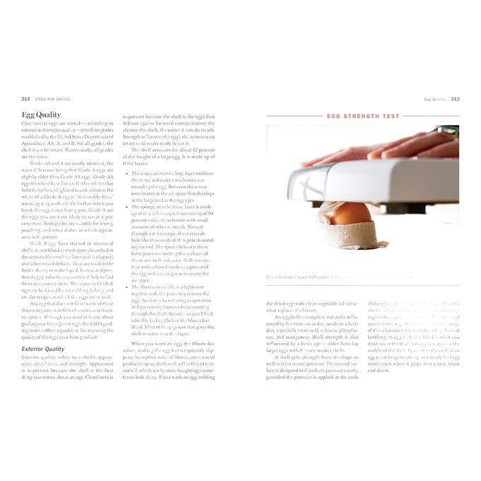 Open two-page spread from a farming guidebook showing detailed text on poultry care and a photo of hands using an egg candler to check an egg, part of Farm, Garden & Tool, Toys, Books & Games, Chicken Accessories, Books, Farm and Livestock Books, and Best Sellers collections.
