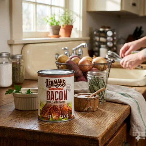 Can of handcrafted, ready-to-eat smoked bacon on a rustic kitchen countertop with fresh herbs, vegetables, and cooking tools, ideal for Camping, Emergency Supplies, and Kitchen & Food collections.