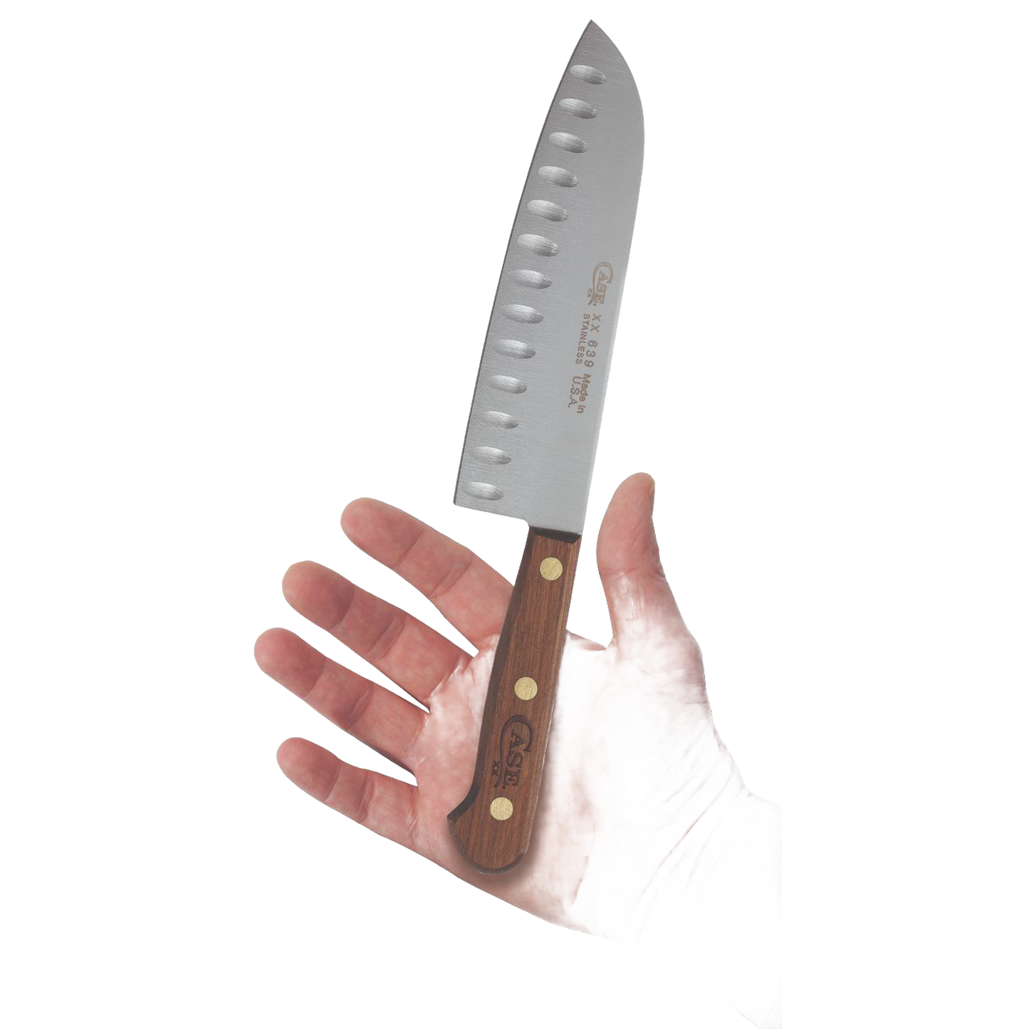 Handheld 7-inch Santoku knife with a wooden handle and distinctive blade dimples designed to prevent food sticking, crafted for kitchen and food prep in USA Made and Best Sellers collections.